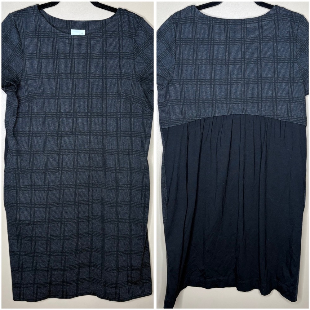 J. Jill Womens Size M Plaid Mixed Media Shift Dress Charcoal Grey Black Pockets